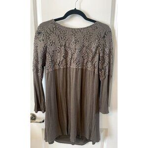 Altard State Women M Brown Long Sleeve Boho Crochet Lace Tunic Dress Cottage
